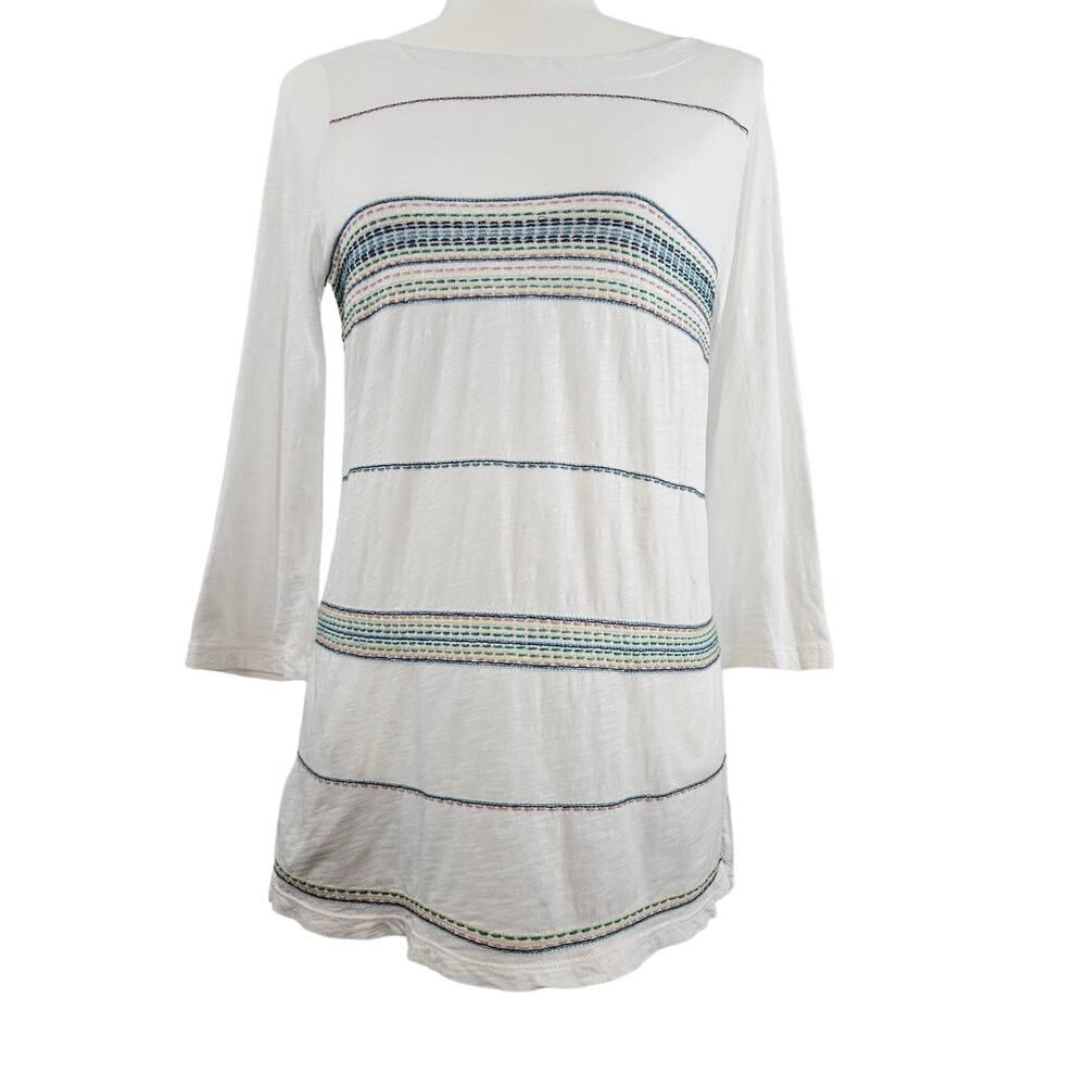 Loft Multi-Color Stitch Embroidery Boat‎ Neck Cotton Lightweight Top Sz. S White